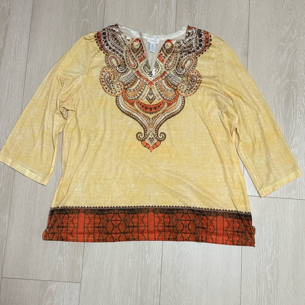 ✨ Chico's Yellow Orange Paisley Rhinestone Accented Blouse